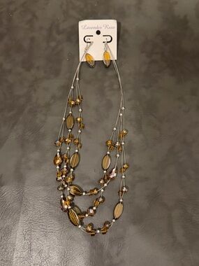 NWT Lavender Rose Amber Brown Multi Strand Beaded Necklace & Earring Set Boho